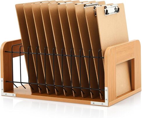 Yookeer 1 Pcs Vertical Clipboard Holder, Desk File Organizer Storage Rack, 12 Slot Wooden and Metal Clipboard Organizer, Storage Stand Rack for Home, Office, No Assembly Required (Black) in Kuwait