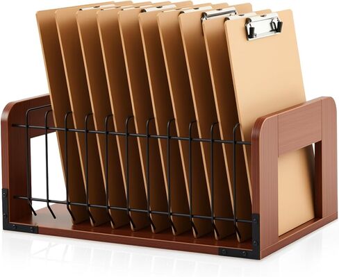 Yookeer 1 Pcs Vertical Clipboard Holder, Desk File Organizer Storage Rack, 12 Slot Wooden and Metal Clipboard Organizer, Storage Stand Rack for Home, Office, No Assembly Required (Black) in Kuwait