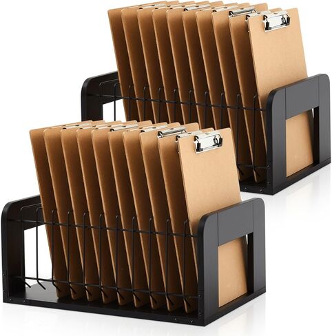 Yookeer 1 Pcs Vertical Clipboard Holder, Desk File Organizer Storage Rack, 12 Slot Wooden and Metal Clipboard Organizer, Storage Stand Rack for Home, Office, No Assembly Required (Black) in Kuwait
