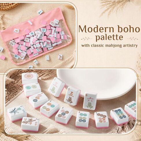 مجموعة بلاط ماجونج أمريكي منقوش مقاس 1.2 بوصة من Soulchen، 168 بلاط ماجونج مع حقيبة، حقيبة حمل قماشية محمولة و4 نرد للمبتدئين والمتحمسين هدية مجموعة ألعاب البالغين (وردي) in Kuwait