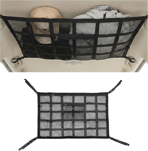 Car Ceiling Cargo Net Pocket, 31.5×20.5 Inch Double-Layer Car Roof Mesh Storage Organizer, Strengthen Load Bearing Overhead Cargo Storage Net for 4-Handle Vehicles in Saudi Arabia