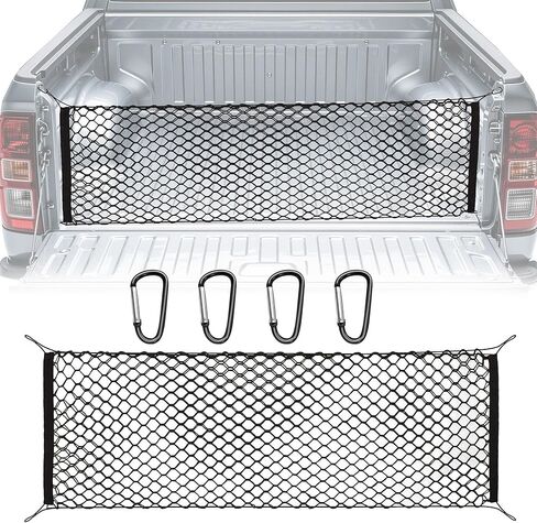 Truck Bed Cargo Net, 49" x 18" (Stretches to 59" x 18'') Envelope Style Organizer, Fits Ford F150, Chevy Silverado, RAM 1500, GMC Sierra, Heavy Duty Mesh with 4 Metal Carabiners for Groceries & Gear in Kuwait