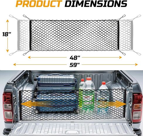 Truck Bed Cargo Net, 49" x 18" (Stretches to 59" x 18'') Envelope Style Organizer, Fits Ford F150, Chevy Silverado, RAM 1500, GMC Sierra, Heavy Duty Mesh with 4 Metal Carabiners for Groceries & Gear in Kuwait