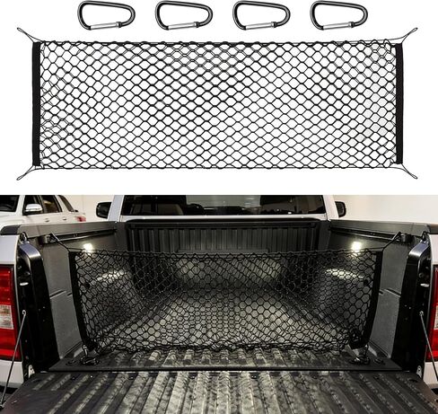 Truck Bed Cargo Net, 49" x 18" (Stretches to 59" x 18'') Envelope Style Organizer, Fits Ford F150, Chevy Silverado, RAM 1500, GMC Sierra, Heavy Duty Mesh with 4 Metal Carabiners for Groceries & Gear in Kuwait