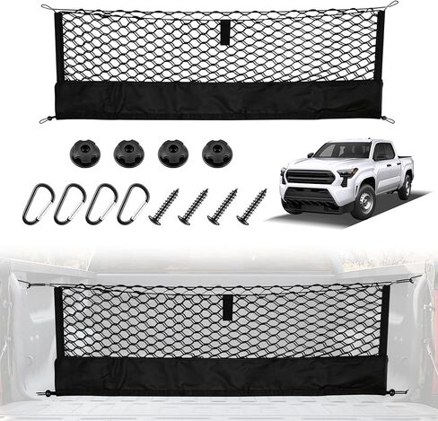 شبكة شحن لسرير الشاحنة من Amiss مع منظم سفلي، تناسب 2013-2026 Chevy Silverado & GMC Sierra 1500/2500HD/3500HD، تخزين محمول للبضائع الصغيرة وخطاف شديد التحمل، ملحقات السيارة الخارجية in Kuwait