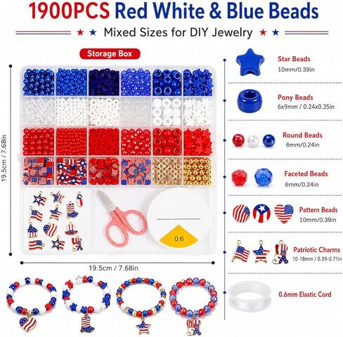 1900PCS Red White and Blue Beads,4th of July Beads Patriotic Star Shaped Bracelet Beads American Pony Beads Memorial Day DIY Jewelry Making Crafts in Saudi Arabia