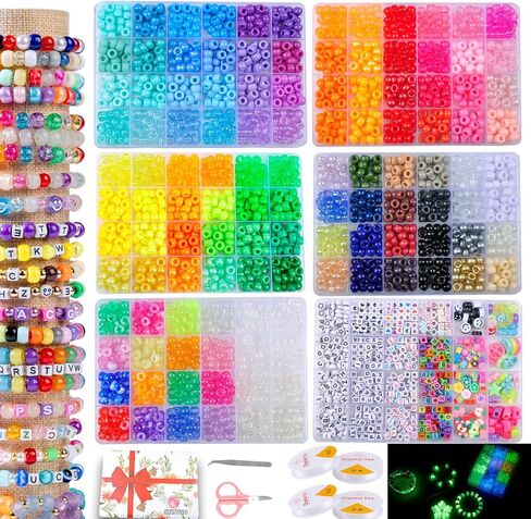 SJZWSD 6 Boxes Bracelet Making Kit Pony Beads, 6x9mm Kandi Rave & Hair Beads Set with UV Color Changing, Glow-in-Dark, Alphabet Letters for Friendship Jewelry DIY Crafts in Saudi Arabia