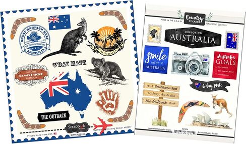 Australia Themed Stickers Sheet - Decorative Australia Stickers for Scrapbooking, Journals, Planners, Photo Album - Set of 2 Australia Scrapbook Sticker with Animals, Flag, Travel Inspired Designs in Kuwait