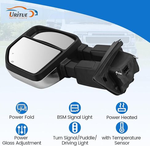 مرآة سحب الجانب الأيمن من الكروم تناسب Ford F250 F350 F450 F550 2017-2022 (بدون تصغير الطاقة) مع دعم BSM للطاقة القابلة للطي/ضبط الزجاج/التسخين مع إشارة الانعطاف/البركة/ضوء القيادة 15 دبابيس in Kuwait