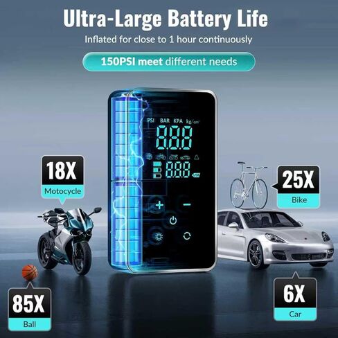 Tire Inflator Portable Air Compressor – 150 PSI Air Pump Cordless, with Digital Gauge, Touchscreen Auto Shut-Off, LED Light for Car, Motorcycle, Bike and More in Saudi Arabia