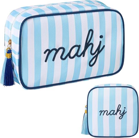 Mahjong Tile Bag Set -Blue 2-Piece Striped Thickened Canvas Tile Case & Embroidered Pouch for 166 Tiles, Dice, Coins - Portable Travel Kit for Club Members, Parties & Gifts in Saudi Arabia