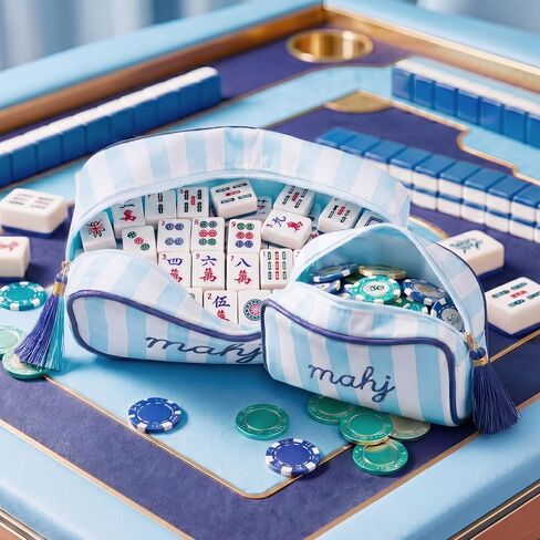 Mahjong Tile Bag Set -Blue 2-Piece Striped Thickened Canvas Tile Case & Embroidered Pouch for 166 Tiles, Dice, Coins - Portable Travel Kit for Club Members, Parties & Gifts in Saudi Arabia