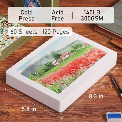 FLUNBRATO Watercolor Paper Pad, 60 Sheets, 8.3 x 5.8 in, Cold Press 100% Cotton, 140LB/300GSM Acid-Free Square Art Pad, Two-Edge Glued, for Gouache, Ink and Mixed Media in Saudi Arabia