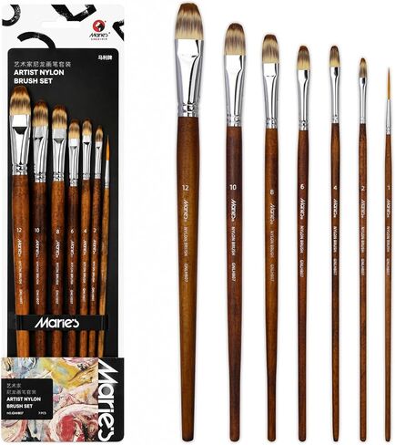 Marie's 7 Pcs Artist Paint Brush Set, Synthetic Nylon Brushes with Filbert and Liner Tips, Wood Handle Painting Brushes for Watercolor, Acrylic, Gouache, Oil, Practice and Professional Artwork in Saudi Arabia