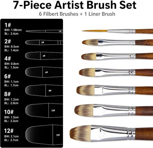 Marie's 7 Pcs Artist Paint Brush Set, Synthetic Nylon Brushes with Filbert and Liner Tips, Wood Handle Painting Brushes for Watercolor, Acrylic, Gouache, Oil, Practice and Professional Artwork in Saudi Arabia
