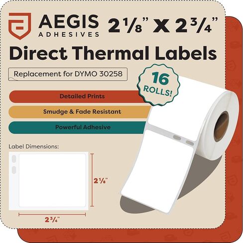 Aegis Adhesives - Replacement for DYMO 30258 (16 Rolls, 6400 Labels) 2 1/8" X 2 3/4" Direct Thermal Barcode and Address Labels - Compatible with LabelWriter 450, 450 Turbo, 4XL (NOT 550, 5XL) in Kuwait