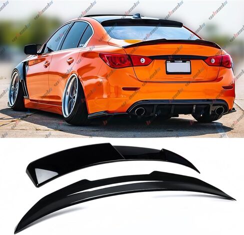 جناح خلفي وجناح علوي على السقف متوافق مع 2014-2024 Infiniti Q50، JDM Duckbill مناسب لـ 4 أبواب، الجزء الخارجي من صندوق السيارة ذو غطاء خلفي مرتفع (أسود لامع) in Kuwait