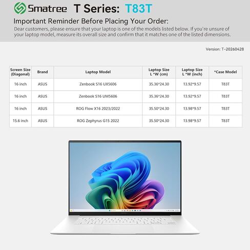 حافظة كمبيوتر محمول Smatree T83T صلبة مقاس 16 بوصة متوافقة مع ASUS Zenbook S16 UX5606، ROG Zephyrus G15 2022، ASUS ROG Flow X16 2023/2022 in Kuwait