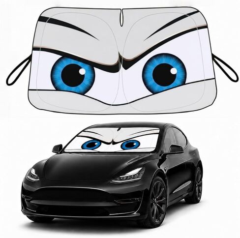 2017-2026 Tesla Model Y Model 3 Windshield Sun Shade, Cool Black Eyes Funny Car Sunshade, Custom Fit Front Window Sun Visor, Foldable Heat UV Blocker, Unique Tesla Accessories in Saudi Arabia