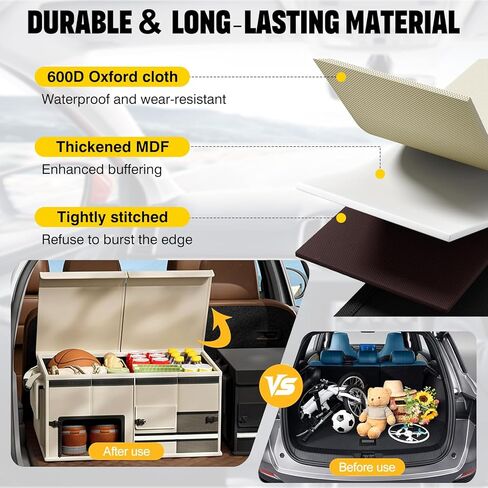 Foldable Car Trunk Organizer with Multi-Compartment – Expandable 30-60L Storage Bin, Side Mesh Pockets, Waterproof 600D Oxford Cloth, Car Accessories for SUV/Truck/Sedan, Beige, 23.6"x13.0"x11.8" in Saudi Arabia