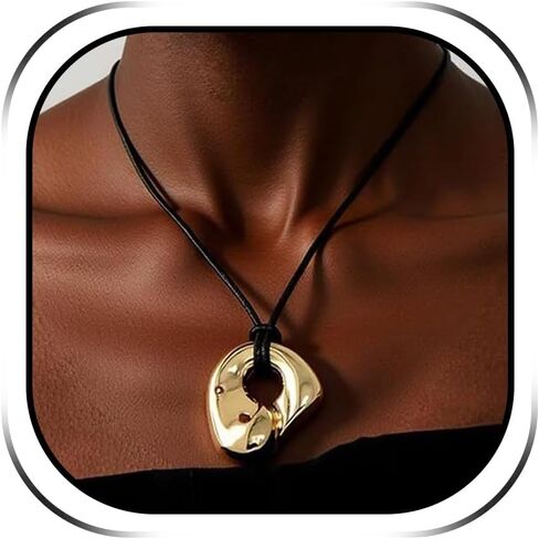 Zurlcdye Statement Necklace for Women Chunky Gold Pendant Necklace Long Pebble Charm Leather Adjustable Black Cord Vintage Boho Western Bean Birthday Christmas Jewelry Gifts in Saudi Arabia