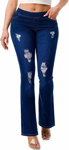 Women's Stretchy Pull On Flare Jeans Distressed Denim Bell Bottom Jeggings Pants in Saudi Arabia
