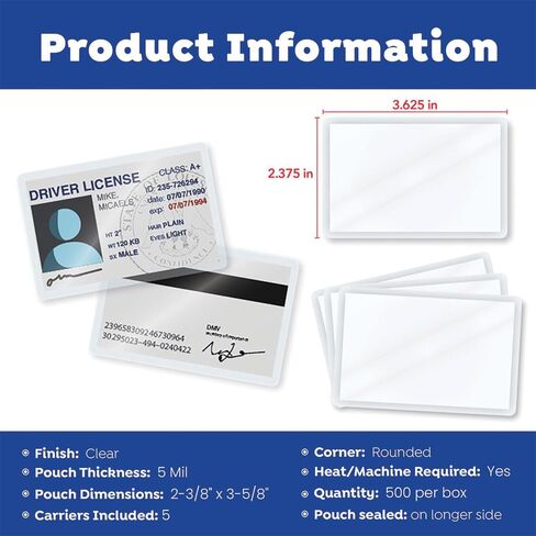 5 Mil Laminating Pouches with Rounded Corners | Driver's License Size | 2-3/8 in. x 3-5/8 in. | Glossy Finish | Premium Adhesive for High-Clarity | 2 Carriers Included | 500 Pack in Saudi Arabia