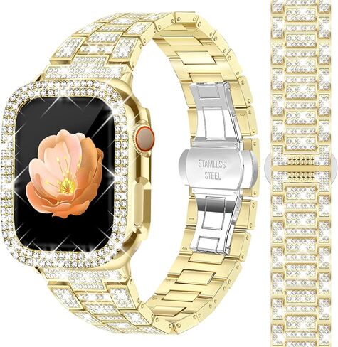 Bling Band with Bling Case for Women Compatible with Apple Watch 38mm Elegant Dressy Jewelry Replacement Metal Link Wristband Protector Cover for iWatch Series 9/8/7/6/5/4/3/2/1/SE Silver in Saudi Arabia
