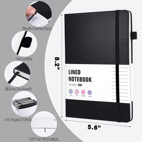 6 عبوات من دفاتر الملاحظات ذات الغلاف الصلب من Thboxes، مقاس 5.6 بوصة × 8.2 بوصة مقاس A5 متعددة الألوان مع حامل أقلام، ومجلات مبطنة للنساء والرجال واللوازم المكتبية لتدوين الملاحظات، والعمل، والمدرسة، باللون الأسود in Kuwait