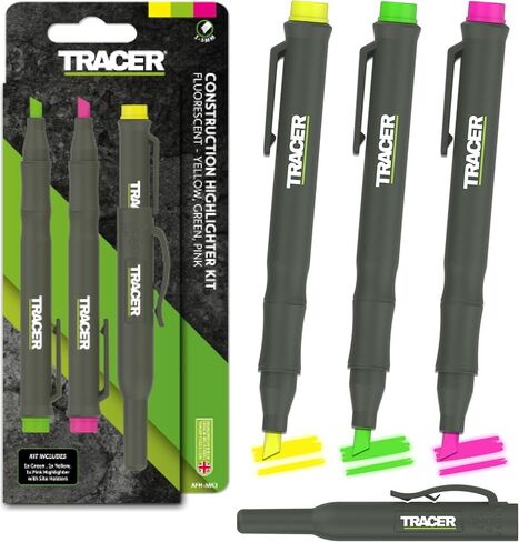 مجموعة Tracer Highlighter Market - الأصفر والأخضر والوردي - 3 عبوات. فلورسنت، غير سام، مقاوم للتلطخ، مضاد للجفاف، درجة البناء in Kuwait