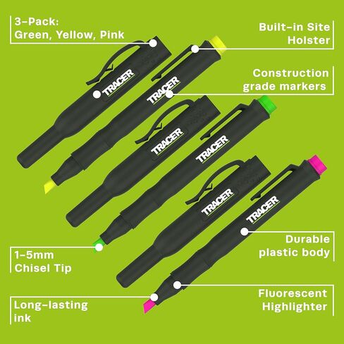 مجموعة Tracer Highlighter Market - الأصفر والأخضر والوردي - 3 عبوات. فلورسنت، غير سام، مقاوم للتلطخ، مضاد للجفاف، درجة البناء in Kuwait