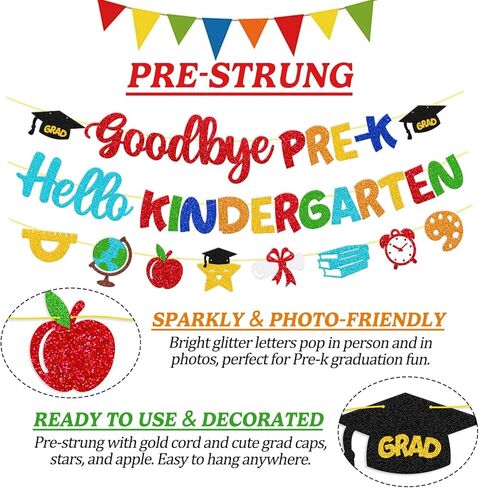 Goodbye Pre-K Hello Kindergarten Banner Pre-K Graduation Decoration Pre-K Grad Decor Congrats Grad for Child's 2026 Graduation Celebration Party Decorations in Saudi Arabia