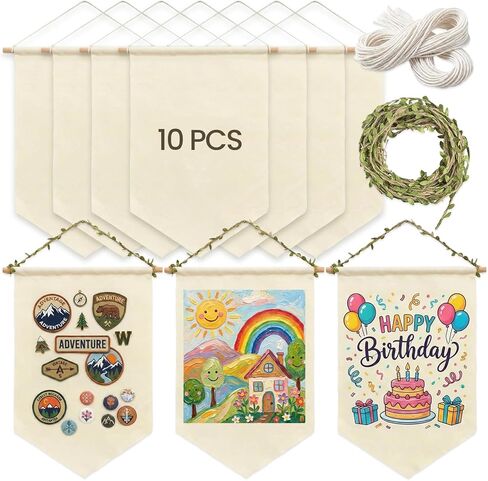 10 Pcs Beige Blank Canvas Banner Set - Premium Cloth Banner & Wall Banner Pennant Flags with Wooden Dowels & Burlap Leaf Ribbon Twine & White Cotton String - DIY Banner & Fabric Sign for Badges, Patches & Decor in Saudi Arabia