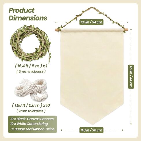 10 Pcs Beige Blank Canvas Banner Set - Premium Cloth Banner & Wall Banner Pennant Flags with Wooden Dowels & Burlap Leaf Ribbon Twine & White Cotton String - DIY Banner & Fabric Sign for Badges, Patches & Decor in Saudi Arabia