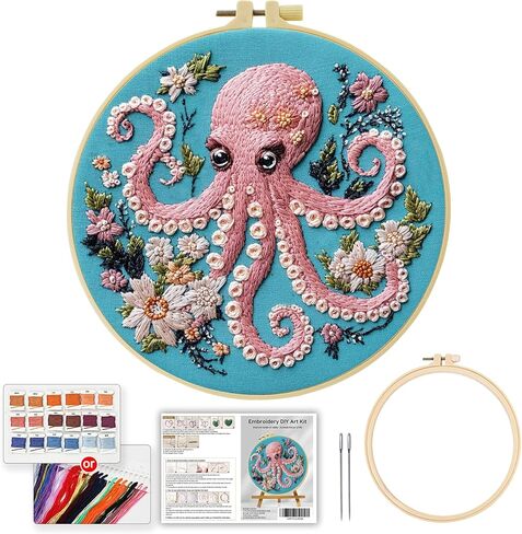 DIY Stamped Embroidery Starters Kits Soft and cute pink octopus with Pattern for Beginners Hoops Cloth Threads Needlework Art Cross Stitch Kits Craft for Adults Students Home Decoration,20x20cm in Saudi Arabia