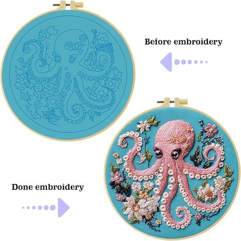 DIY Stamped Embroidery Starters Kits Soft and cute pink octopus with Pattern for Beginners Hoops Cloth Threads Needlework Art Cross Stitch Kits Craft for Adults Students Home Decoration,20x20cm in Saudi Arabia