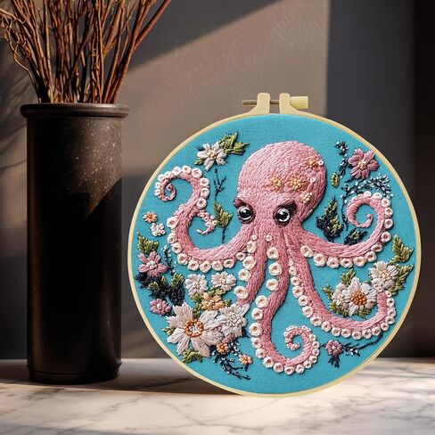 DIY Stamped Embroidery Starters Kits Soft and cute pink octopus with Pattern for Beginners Hoops Cloth Threads Needlework Art Cross Stitch Kits Craft for Adults Students Home Decoration,20x20cm in Saudi Arabia