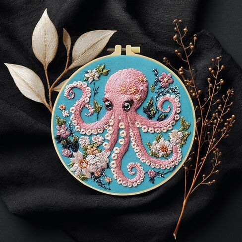 DIY Stamped Embroidery Starters Kits Soft and cute pink octopus with Pattern for Beginners Hoops Cloth Threads Needlework Art Cross Stitch Kits Craft for Adults Students Home Decoration,20x20cm in Saudi Arabia