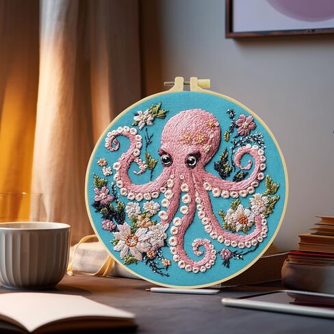 DIY Stamped Embroidery Starters Kits Soft and cute pink octopus with Pattern for Beginners Hoops Cloth Threads Needlework Art Cross Stitch Kits Craft for Adults Students Home Decoration,20x20cm in Saudi Arabia