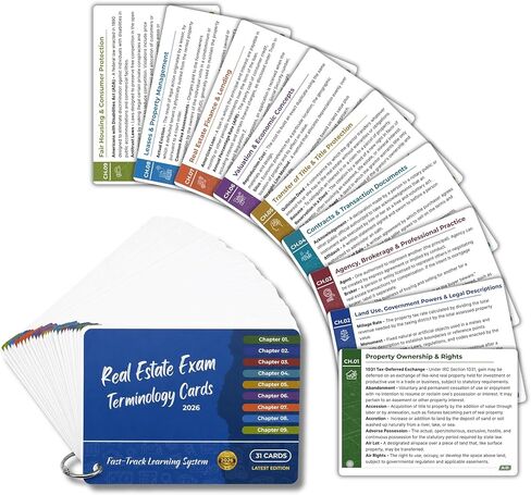 Real Estate Exam Cheat Sheet Flash Cards 2026-9-Chapter Terminology Reference Cards for License Exam Prep, 31 Laminated Study Flashcards with Ring for Real Estate License in Saudi Arabia