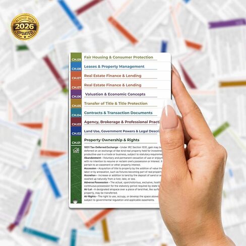 Real Estate Exam Cheat Sheet Flash Cards 2026-9-Chapter Terminology Reference Cards for License Exam Prep, 31 Laminated Study Flashcards with Ring for Real Estate License in Saudi Arabia