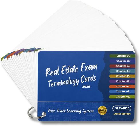 Real Estate Exam Cheat Sheet Flash Cards 2026-9-Chapter Terminology Reference Cards for License Exam Prep, 31 Laminated Study Flashcards with Ring for Real Estate License in Saudi Arabia