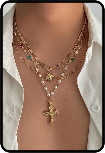 Gold Silver Layered Cross Necklace Set For Women, 4Pcs Gold Chain Pearl Cross Chunky Choker Colorful Rhinestone Sun Pendant Long Y Necklaces Statement Adjustable Jewelry Gift in Saudi Arabia