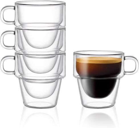 JoyJolt Stoiva Double Wall Insulated Espresso Glass Cups – 5 oz. (150 ml) Espresso Shot Glass Cup with Handle – Stackable Thermal Clear Glass Cups, Fit for Espresso Machine and Coffee Maker – Set of 4 in Saudi Arabia