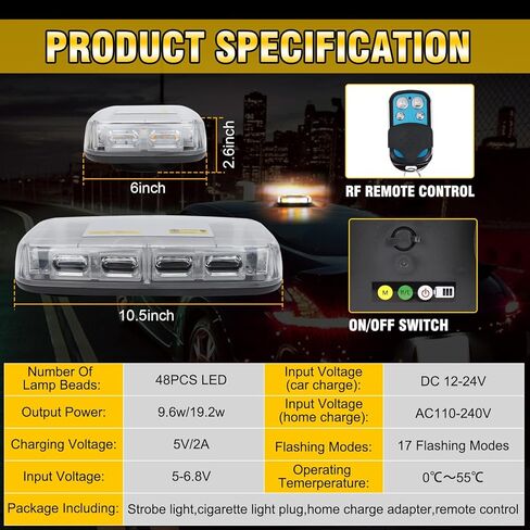 Wireless Rechargeable LED Rooftop Beacon Strobe Light, 48 LED Amber White Emergency Warning Light, Magnetic Mount Flashing Hazard Light with Remote, 17 Modes, for Truck Snowplow in Saudi Arabia