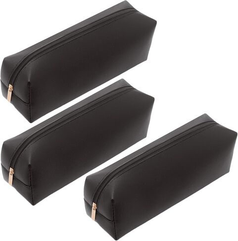Black PU Leather Pencil Case 3 Pack, Zipper Pencil Pouch for Office, Small Pen Bag Organizer, Multipurpose Stationery Makeup Travel Pouch for Women & Men in Saudi Arabia
