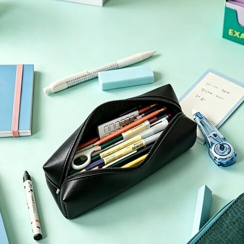 Black PU Leather Pencil Case 3 Pack, Zipper Pencil Pouch for Office, Small Pen Bag Organizer, Multipurpose Stationery Makeup Travel Pouch for Women & Men in Saudi Arabia