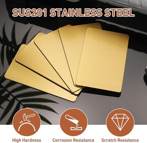 HARFINGTON 5pcs Metal Business Card 3" x 2" x 0.02" 201 Stainless Steel Brushed Engraving Cards Self Adhesive CNC Engraving Blanks for House Office DIY Gift Invitation, Gold in Kuwait
