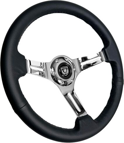 VSW S6 Steering Wheel, Black Leather 6 Bolt Chrome Slotted 3-Spoke ST3012BLK in Saudi Arabia
