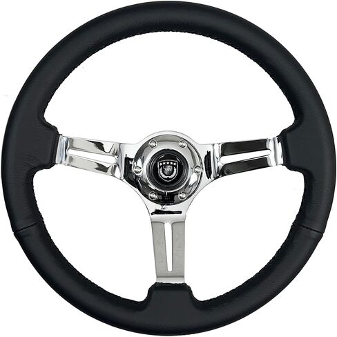 VSW S6 Steering Wheel, Black Leather 6 Bolt Chrome Slotted 3-Spoke ST3012BLK in Saudi Arabia